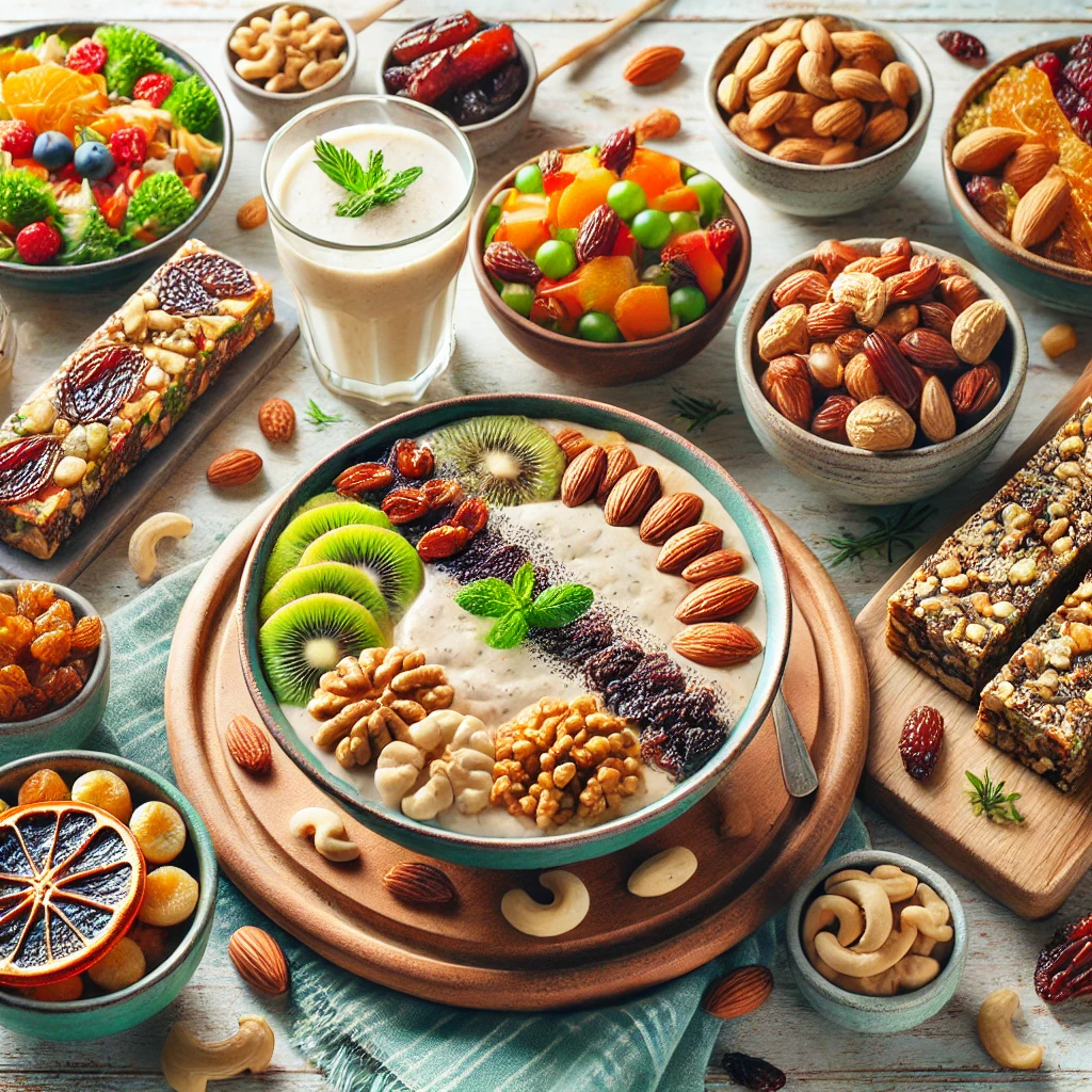 A variety of dry fruits and nuts beautifully arranged around different dishes, such as a smoothie bowl topped wi