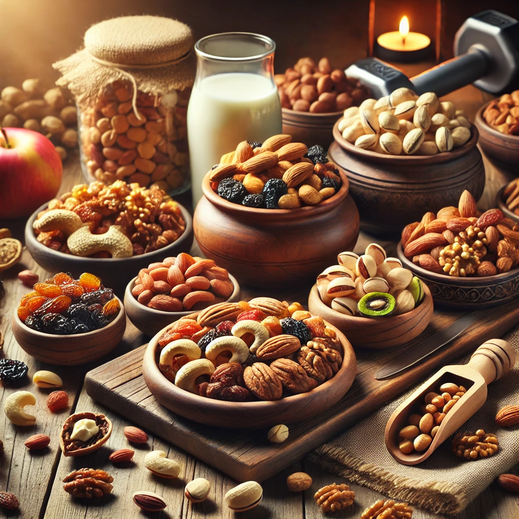 A high-quality image featuring a beautifully arranged assortment of premium dry fruits such as almonds, cashews, walnuts, pistachios, raisins, and fox