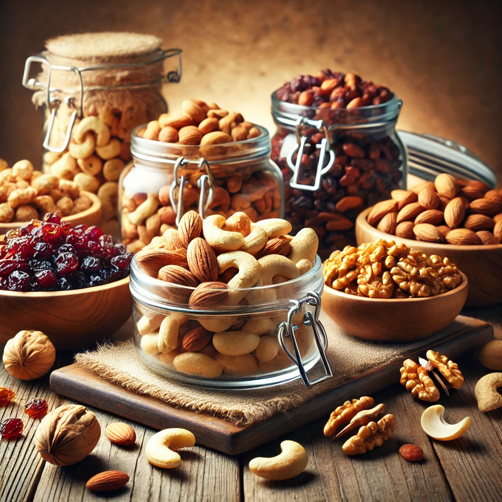 A premium assortment of fresh, high-quality dry fruits including almonds, cashews, pistachios, and walnuts, displayed elegantly to highlight their natural texture and richness.
