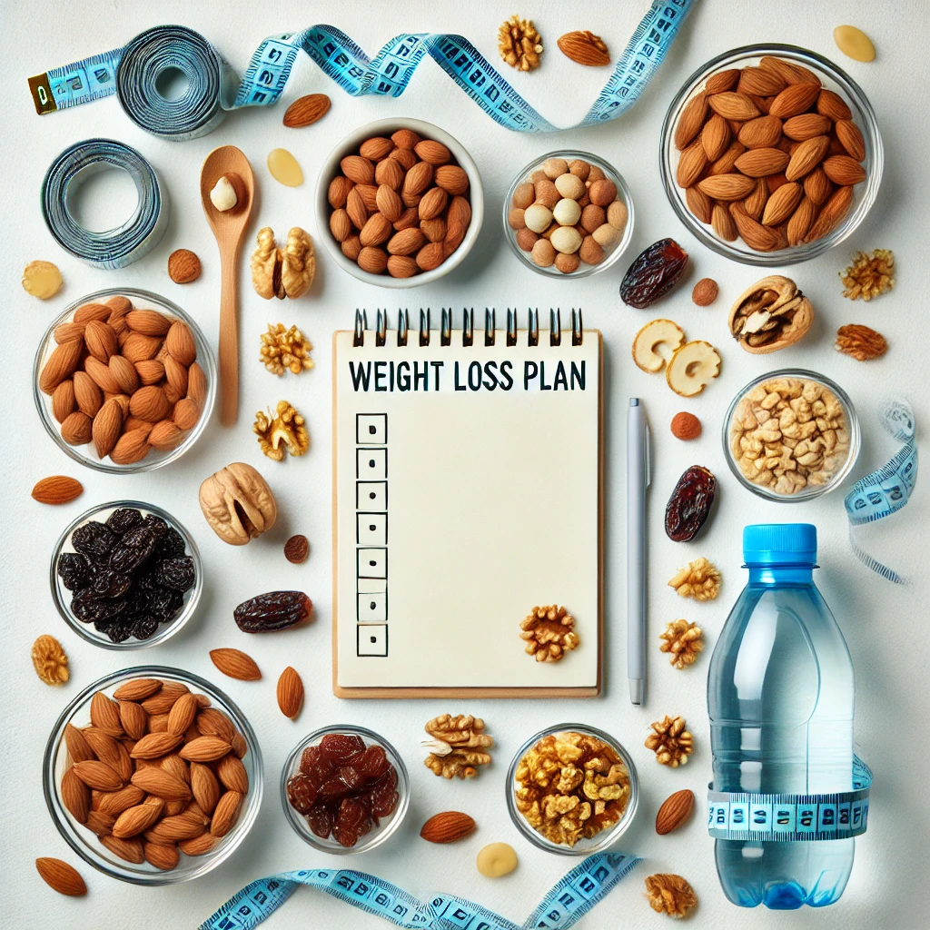 Flat-lay of healthy dry fruits like almonds, walnuts, raisins, foxnuts, and dates in bowls with a weight loss plan notepad, tape measure, and water bottle.