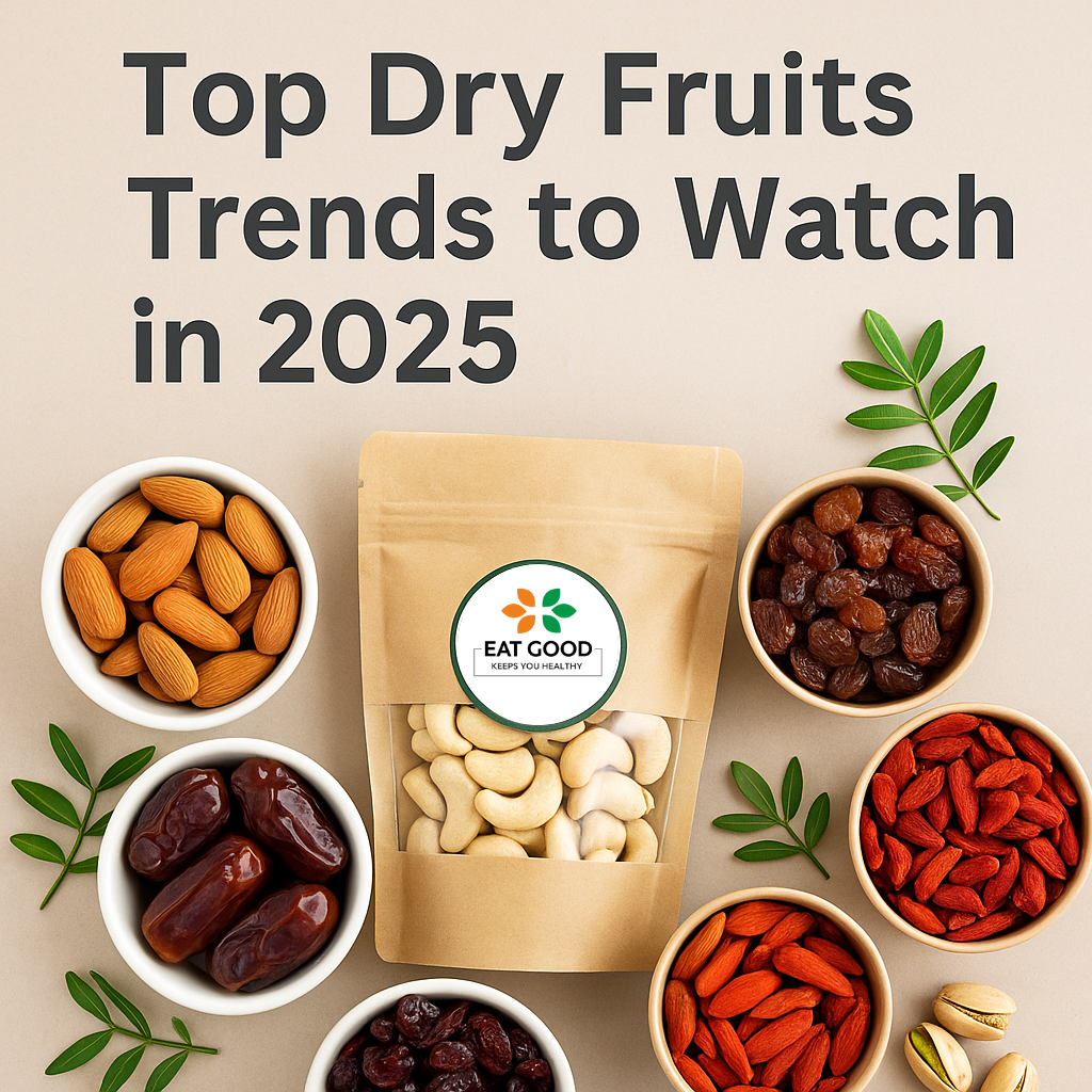 Flat-lay image of biodegradable bowls filled with trendy dry fruits like almonds, cashews, dates, goji berries, and raisins, with a plant-based label and leafy decor.